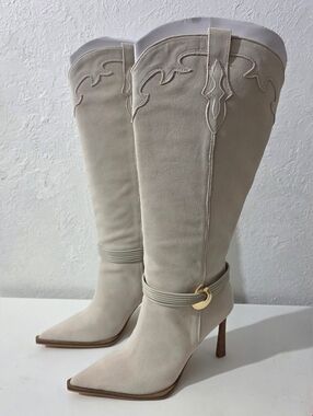Steve Madden Kyndall Bone Suede Knee High Pointed Toe Western Boots Women Sz 10